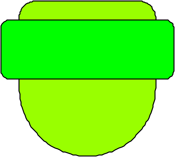 The image shows a simple black and white line drawing of an abstract shape with two green rectangles on it against a dark background.