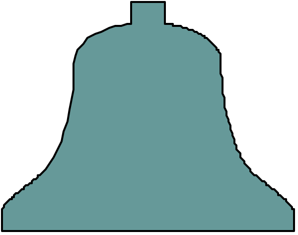 The image shows a black and white illustration of two bells with their tops facing upwards against an unseen background.
