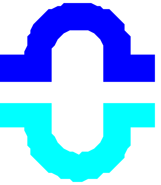 The image shows a pixelated graphic of an abstract design with blue and white tones resembling stylized water droplets on either side forming what appears to be a wave-like shape in front, set against a darker background that could represent sky or space.