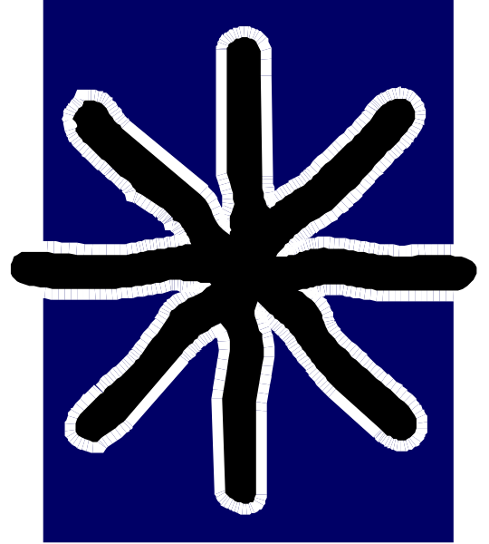 The image shows a blue flag with an emblem of three white stars arranged vertically on it.