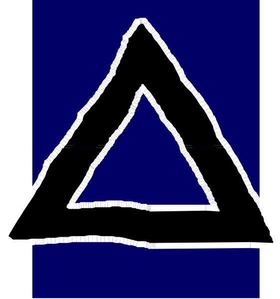 The image shows a blue triangle with an eye inside it on top of another smaller triangular shape that is also outlined by white lines forming two eyes within its borders.