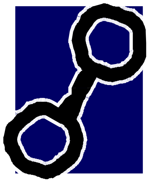 The image shows a blue background with two black rings intersecting at their centers to form an 'X' shape on top of each other in front of what appears to be a white circle that could represent a keyhole, suggesting some sort of lock mechanism is being depicted or referenced.