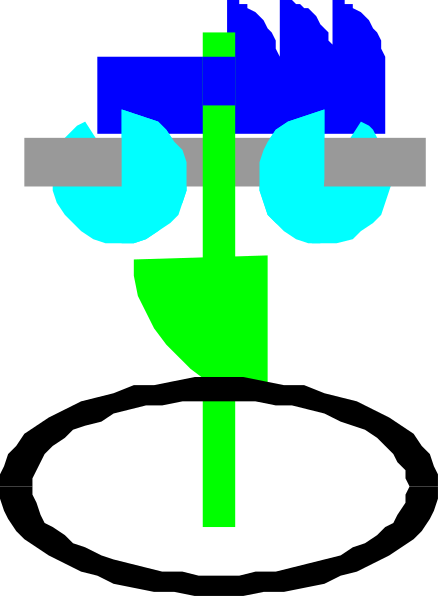 The image shows a pixelated representation of an object that resembles a flower with blue petals on top and green leaves at bottom, set against a dark background.
