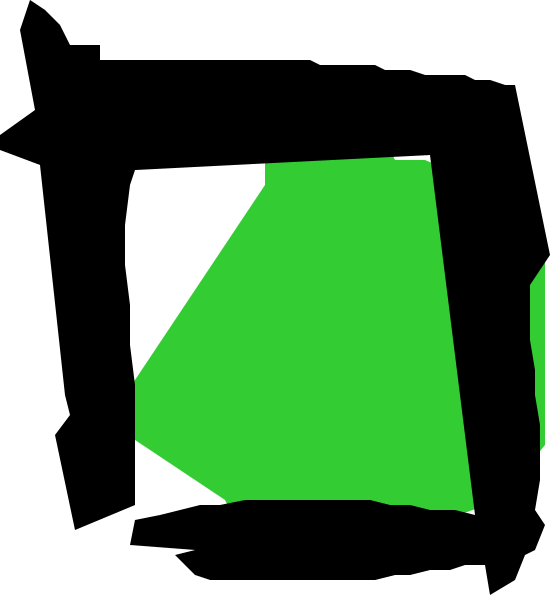 The image shows a green triangle on top of another shape that appears to be an irregular quadrilateral with two visible sides; both shapes have black outlines against what seems like a dark background.