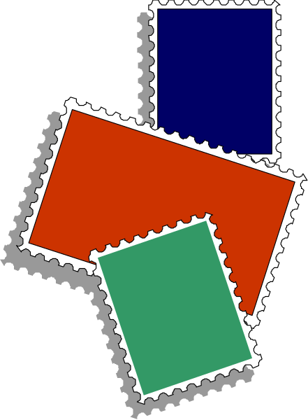 The image shows a collection of four postage stamps with different colored borders arranged to form an irregular quadrilateral shape on top of each other against a black background.