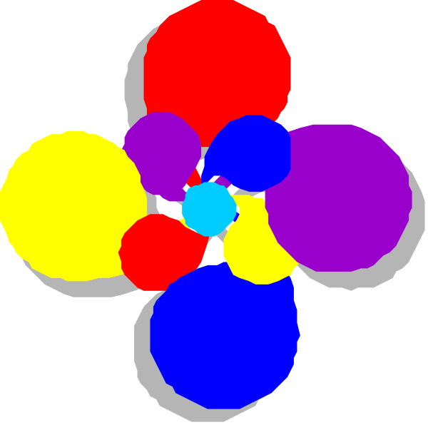 The image shows a colorful cluster of circles with varying shades of blue, red, yellow, green, purple, pink, orange, white, black, gray, brown, beige, cream colored backgrounds and borders that resemble an abstract flower-like pattern or design on the left side.