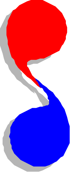The image shows a simple graphic of two intertwined blue circles with red dots on them against a grey background.