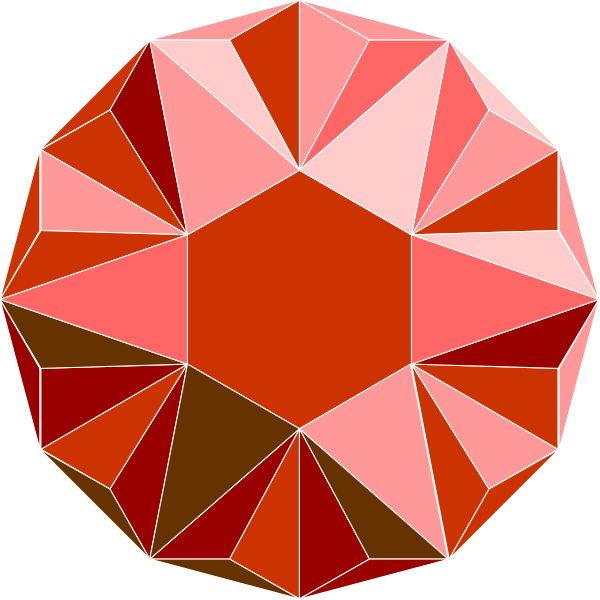 The image shows a red gemstone with multiple facets that create an intricate pattern of light reflections on its surface.