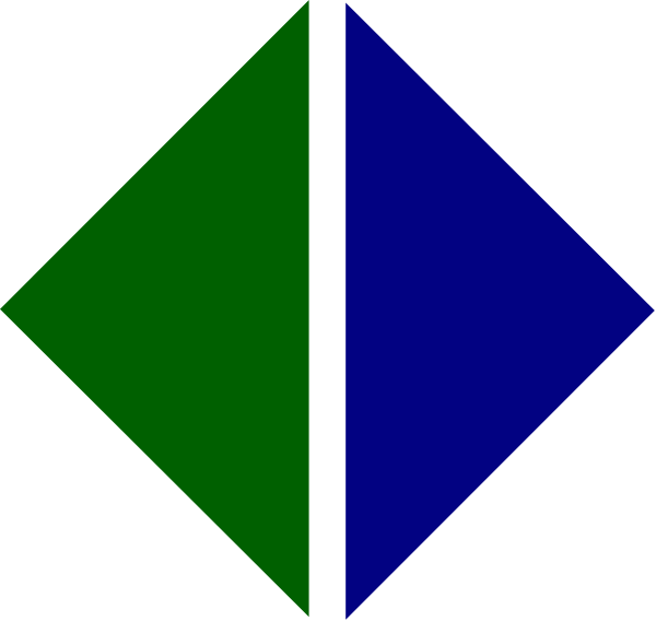 The image shows a simple geometric figure resembling an abstract representation of two intersecting cones with different colored sections: one blue cone on top left corner and another green cone in bottom right corner against black background, giving it a 3D appearance without shading or depth cues. There are no texts present within the image itself to provide additional context about objects, people, animals, actions, or setting beyond what is visually apparent from this description. The style of art appears minimalistic and abstract with flat colors on simple shapes.