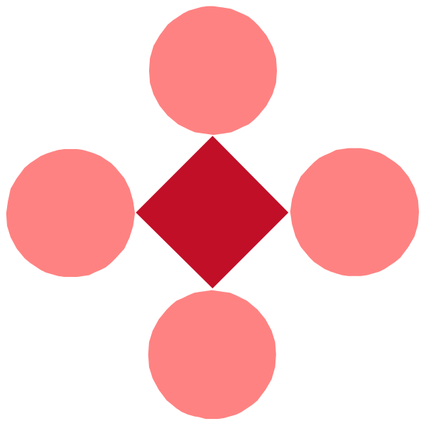 The image shows a black background with six pink circles arranged around an equilateral diamond shape that is also red at its center.