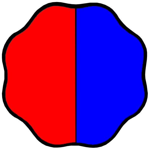The image shows a simple graphic with two overlapping shapes: on top there is an oval shape colored red; below it lies another similar-sized but smaller blue circle that appears to be partially obscured by the larger one, creating a visual effect of depth or transparency between them.