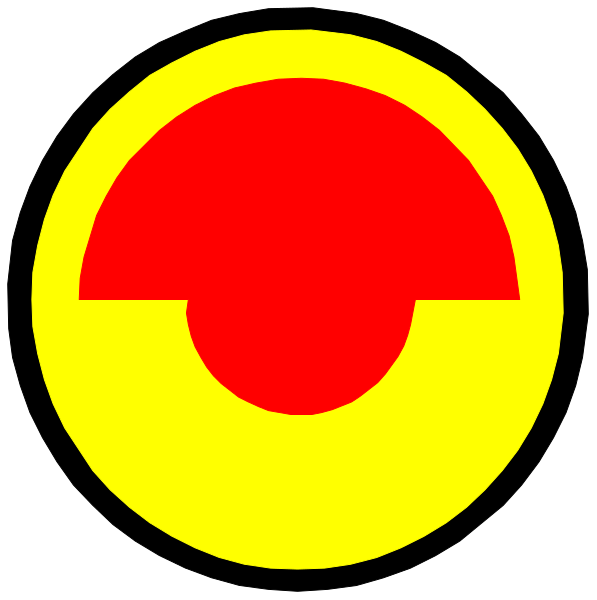 The image shows a stylized icon of an emergency button with red borders around it against a black background.