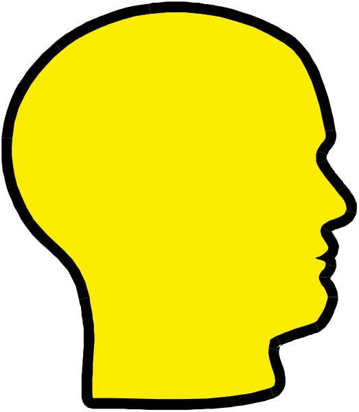 The image shows a yellow silhouette of an adult male head with facial features such as eyes, nose, mouth, ears, hairline, eyebrows, cheekbones, chin, neck, shoulders, torso, and arms against a black background.