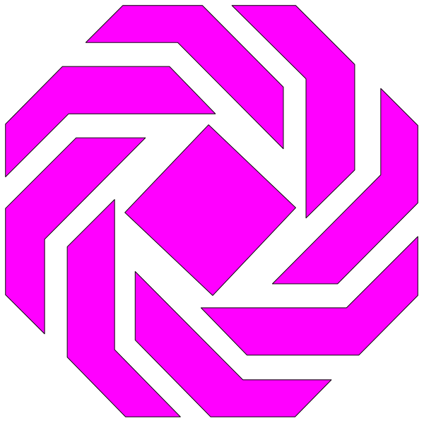 The image shows a pink abstract design resembling an interlocking pattern with geometric shapes against a black background.