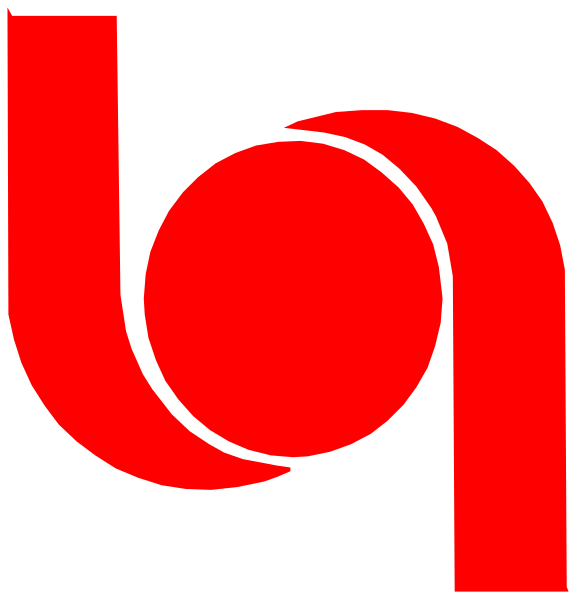 The logo of a company with red coloring featuring an abstract design that resembles letters "U" and "N".