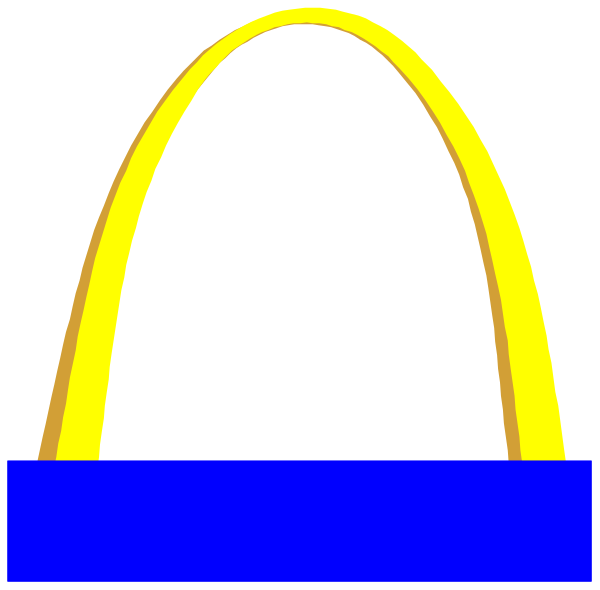 The image shows a stylized representation of an arch with two parallel lines forming its shape against a dark background; it is colored in shades of blue on top half and yellow at bottom half.