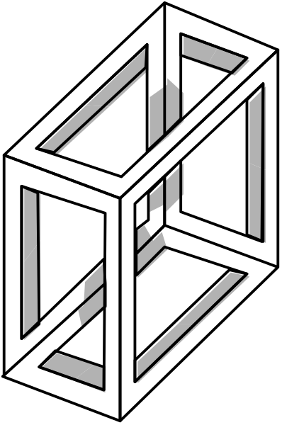 The black and white pixelated image shows a three dimensional cube with an open door on its front side.