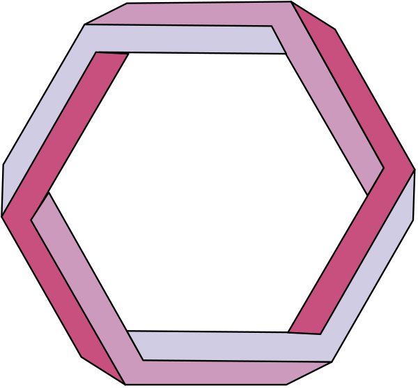 The image shows a black hexagon with pink borders on its sides against a white background to the left of another similar but smaller hexagonal shape in purple hues also outlined by thin lines within it.