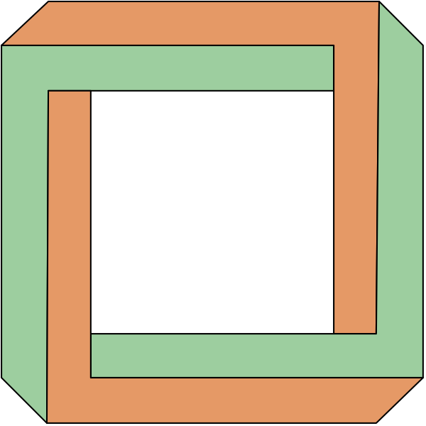 The image shows a simple geometric shape resembling an abstracted cube with four squares of different sizes forming its corners against a black background.