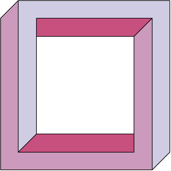 The image shows a simple geometric shape resembling an open book with two pages facing each other against a pink background.