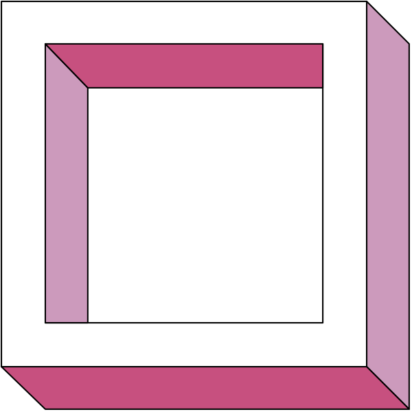 The image shows a simple black and white line drawing of an abstract geometric shape resembling a cube with pink borders inside it against a dark background.