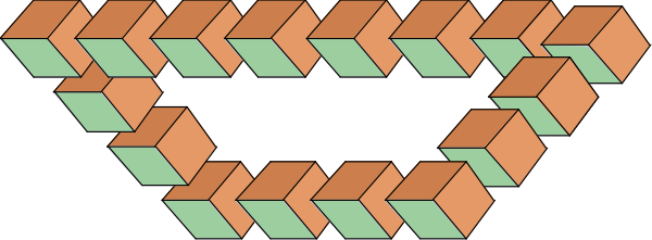 The image shows a pixelated representation of an abstract pattern with geometric shapes resembling blocks forming lines against a dark background.