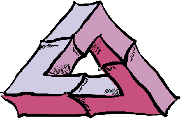 The black and white drawing shows a pink triangle with an eye inside it on top of another shape that resembles two triangles facing each other in front of what appears to be three smaller shapes forming a pyramid-like structure, all set against a dark background.