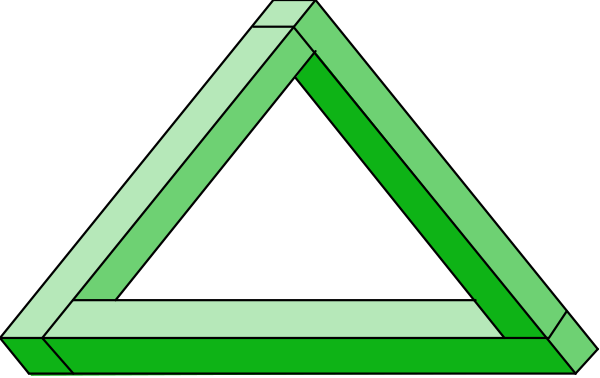 The image shows a simple geometric design resembling an abstract representation of three interconnected triangles with green borders against a dark background.