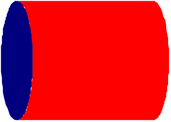 The image shows a simple red circle with two blue circles inside it on top of each other against a gray background.