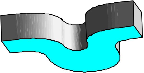 The image shows a stylized representation of water flowing over an object with blue highlights on it against a dark background.