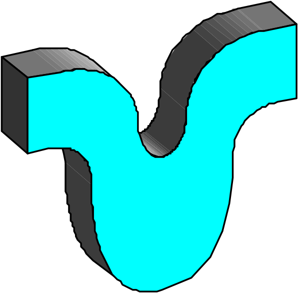 The image shows a stylized graphic of an abstract design resembling a letter 'V' with blue shading on its sides against a black background.