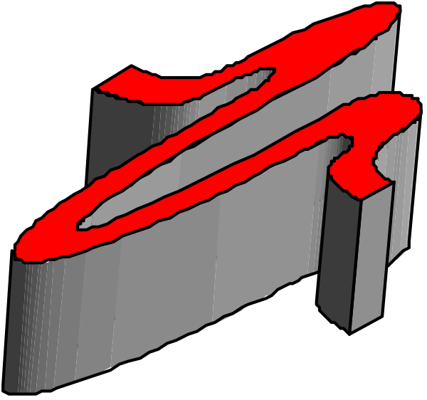 The image shows a red plastic piece with two slots on either side of it against a black background.