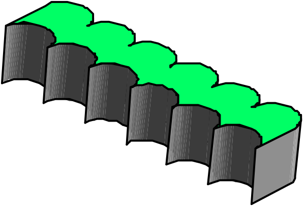 The image shows a row of black cylindrical containers with green lights on top against a dark background.