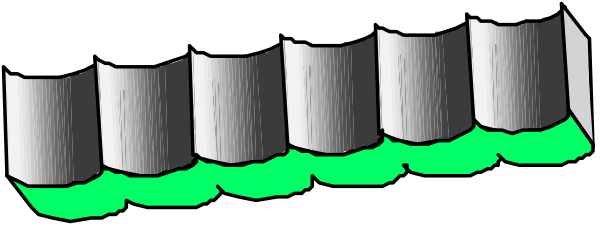 The image shows a long line of cylindrical containers with green liquid inside them against a gray background.
