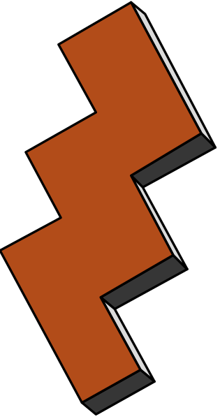 The image shows a red block with two black squares on it against an orange background to its left side.