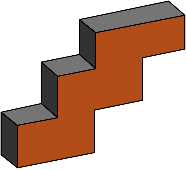 The image shows a simple three-dimensional object resembling an abstract staircase with red blocks on top of gray ones against a black background.