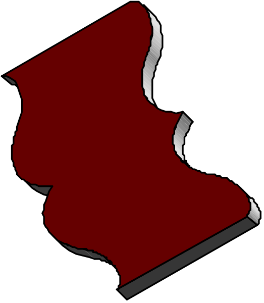 The image shows a red silhouette of an object that resembles a map with two distinct areas highlighted by white lines on it against a black background.