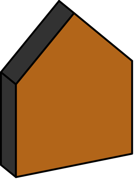 The image shows a simple black and white line drawing of an orange house with two windows on its front side against a gray background.