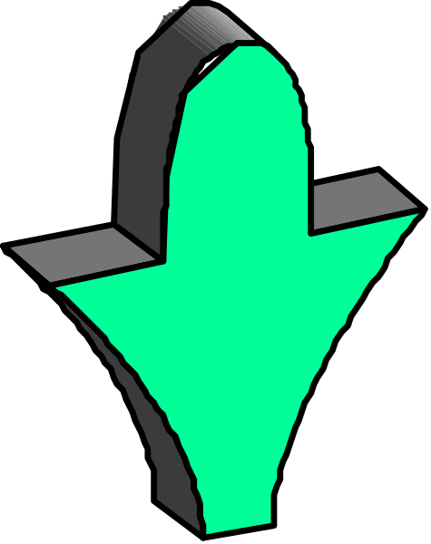 The image shows a stylized green arrow pointing to its right with an abstract design resembling a building behind it on what appears to be a gray background.