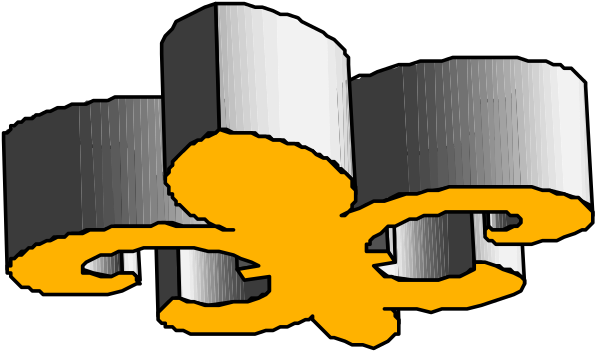 The image shows a black background with three white silhouettes of buildings arranged vertically from left to right on top of each other against an orange gradient at bottom that resembles flames.