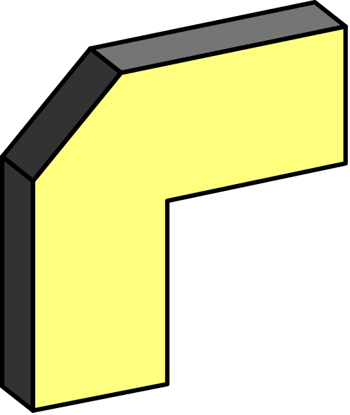 The image shows a simple line drawing of an abstract shape resembling a house with two visible sides against a gray background.