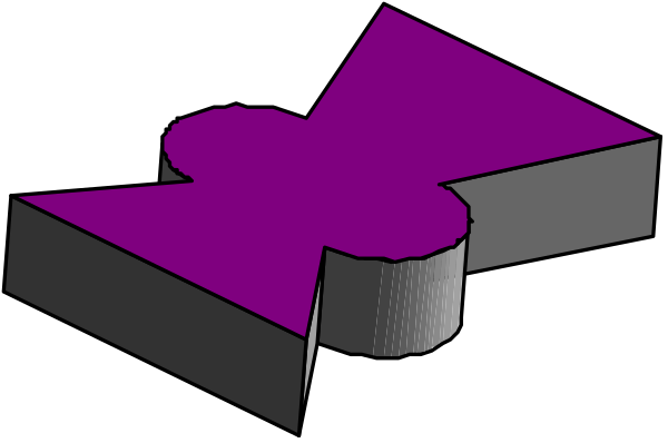 The image shows a purple heart shape with two black rectangles on either side of it against a dark background.