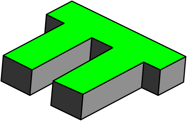 The image shows a pixelated representation of an abstract structure with geometric shapes such as cubes and rectangles arranged to form what appears like a three-dimensional object against a dark background.