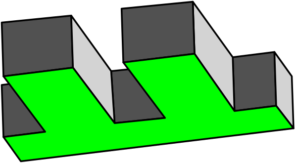 The image shows a simple black and white line drawing of an optical illusion with three boxes: two larger ones on either side that appear to be in perspective but aren't due to their size relative to each other, creating depth perception confusion; one smaller box between them which is actually much closer than the others.