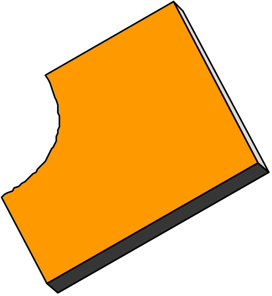 The image shows a yellow piece of paper with an orange border on its left side next to another similar object that is cut out from it in two pieces.