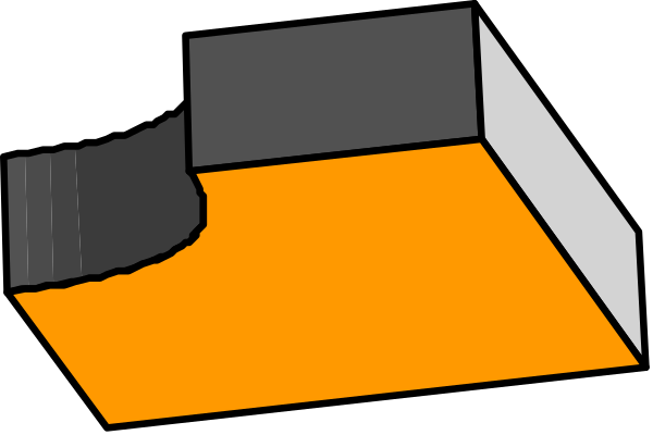 The image shows a black and white line drawing of an indoor scene with various geometric shapes representing furniture such as tables and chairs in different orientations within what appears to be a room with walls that have been cut out, creating openings between them; there is no text or color information provided about the objects.