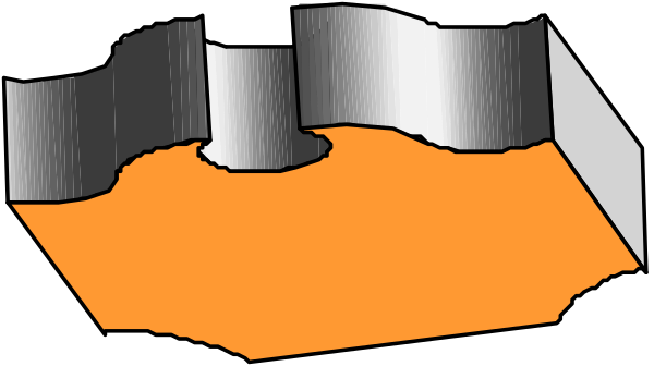 The image shows a simple black and white illustration of an orange object that resembles a piece of cake with slices missing from it placed on top of what appears to be another similar shape in shades of gray, creating a layered effect as if stacked or superimposed upon each other.