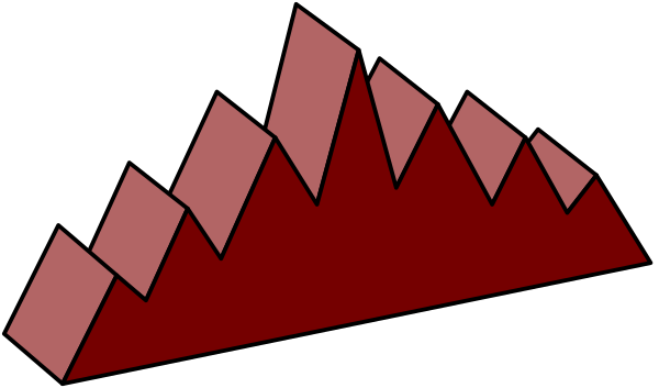 The image shows a red triangular shape with jagged edges on top of what appears to be an abstract mountain-like structure in black against a dark background.