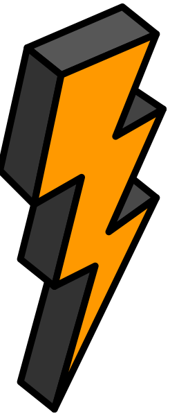 The image shows a closeup of an orange lightning bolt on top of what appears to be a black object with jagged edges against a gray background.
