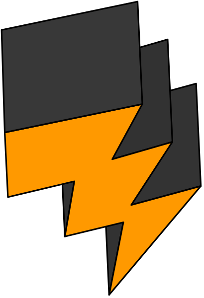The image shows a stylized lightning bolt graphic with an orange background on its left side against black squares that resemble windows in front of it.